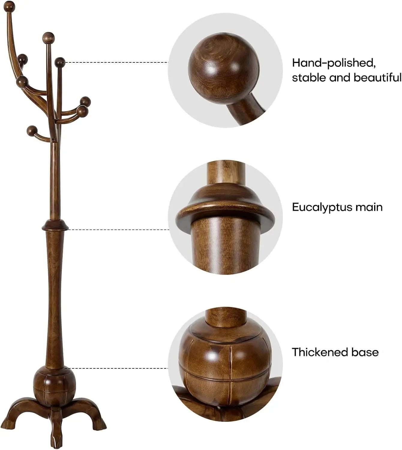 Freestanding  Wood Coat Rack with 8 Hooks & 4-Legged Ball-Shaped Base, Creative Tree Branch-Style Design, Walnut Brown Finish