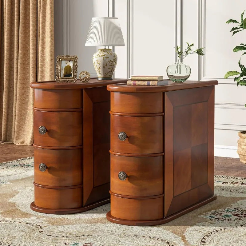 Narrow Solid End Table with 2-Drawers & Natural Wood Grain Patterns, Arc Design Rectangular Side Table