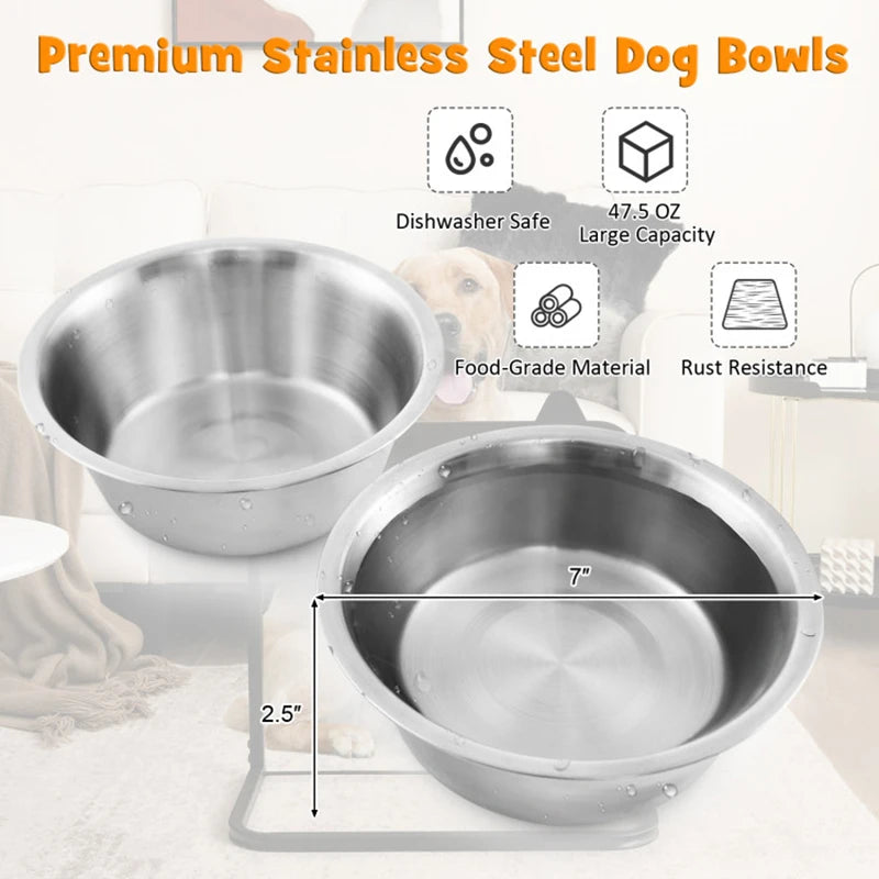 Adjustable 3 Height Metal Feeding Stand with 2 Stainless Steel Bowls, Promotes Healthy Eating Posture for Dogs