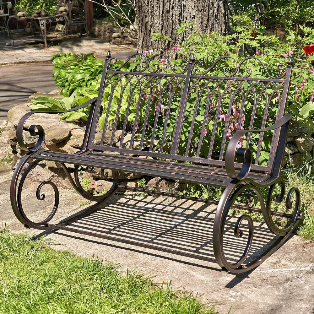 Indoor or Outdoor Metal Rocking Bench with Arm Rests & Curved Seat, 7 Coats of Paint to Create a Multi-Tone Distressed Bronze Finish