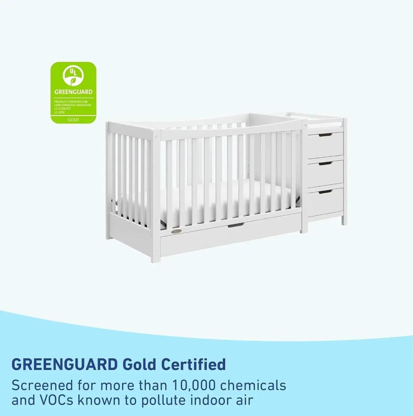 Convertible Crib & Changing Table 4-In-1 with Full-Size Bottom Drawer, 3 Enclosed Storage Drawers & 2 Open Shelves