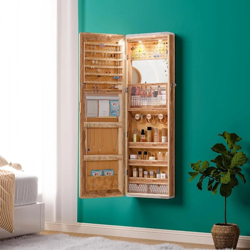 Jewelry Cabinet 47.2" Tall with LED RGB Multi-Lighting & Full-Length Mirror, Wall Mount or Over The Door Hanging