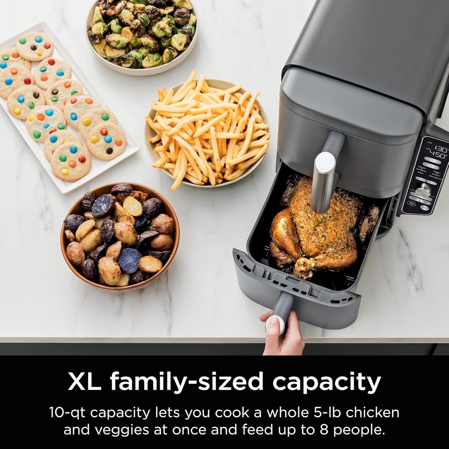 Compact Design Double Stack XL 2-Basket Air Fryer, 10 Quart Capacity, Cooks 4 Foods at Once with Stacked Metal Racks