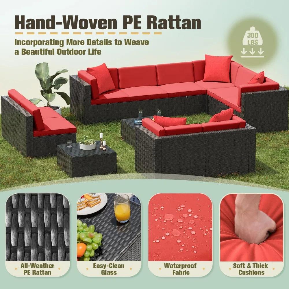 Patio Furniture 12-Piece Set, Outdoor PE Rattan Sectional Sofa with Thickened Cushions & Glass Top Coffee Tables