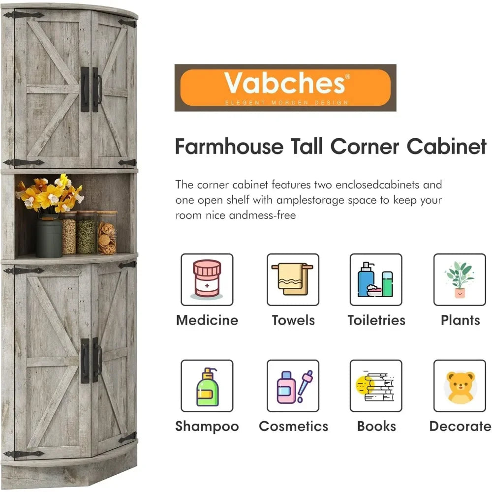 Space Saver Corner Cabinet with Right-Angle Design, 2 Enclosed Cupboards with 4 Barn Style Doors & Open Storage Shelf, Weathered Finish