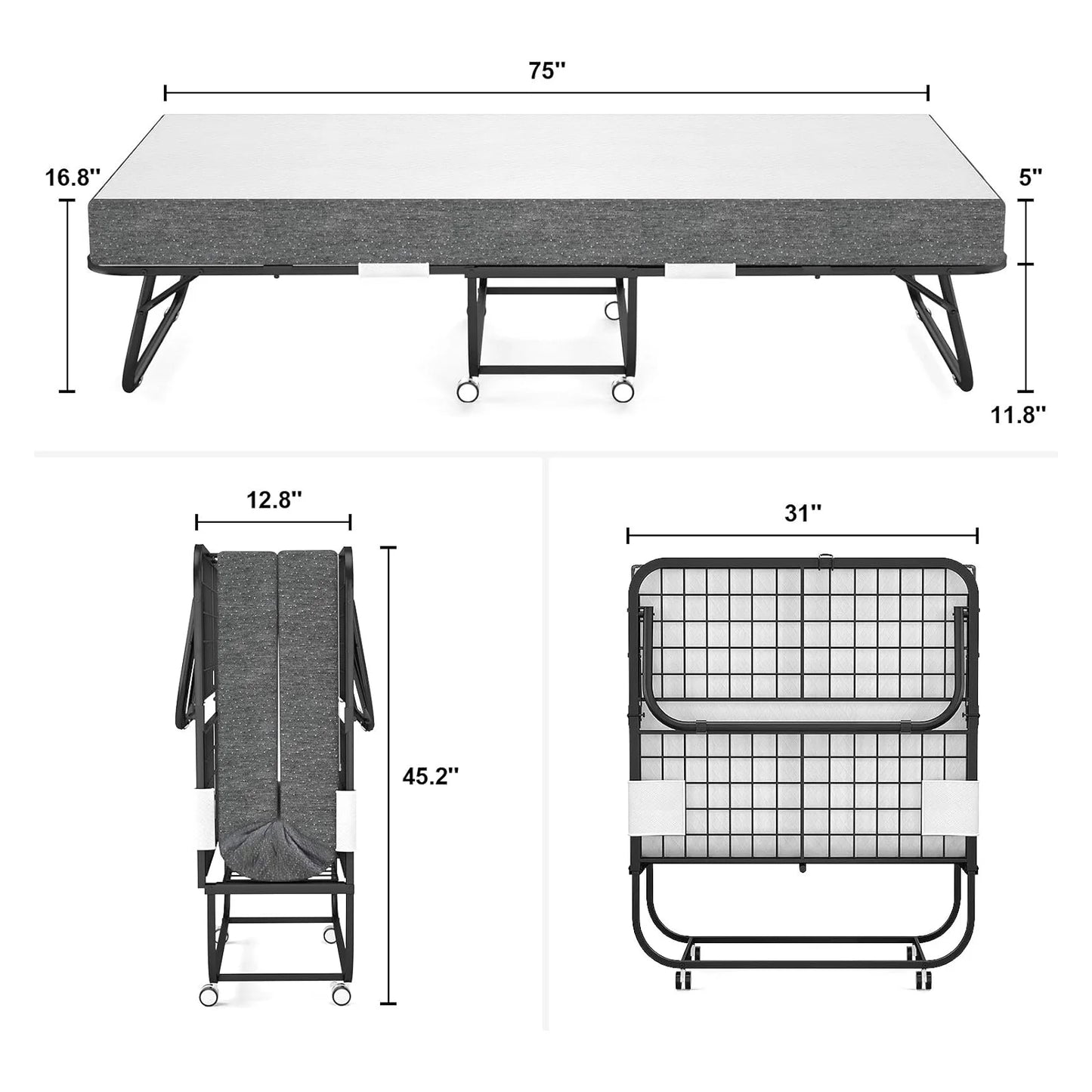 Steel Frame Rollaway Bed with Mattress, Lockable Wheels, Removable/Washable Mattress Cover, Bed Dust Cover for Storage