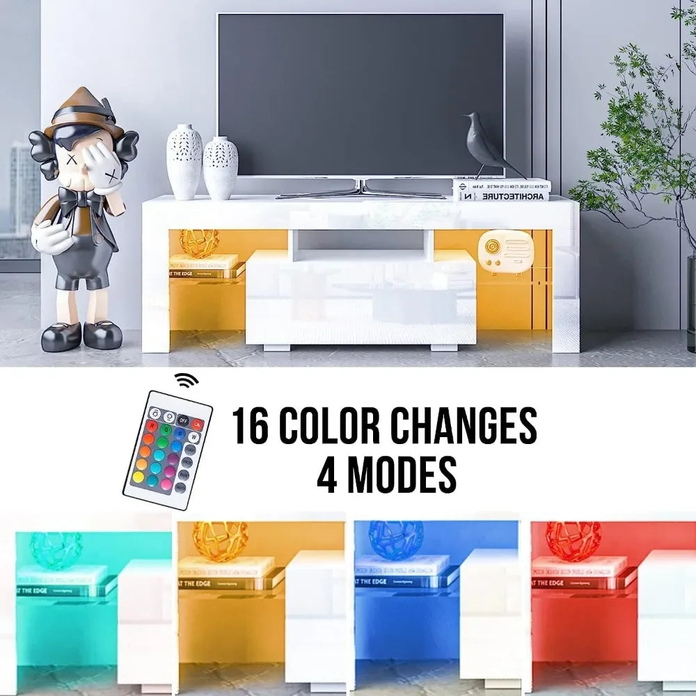 Modern Entertainment Center TV Stand with Storage Drawer, Tempered Glass Shelves, 16 LED Light Colors & 4 Light Changing Modes