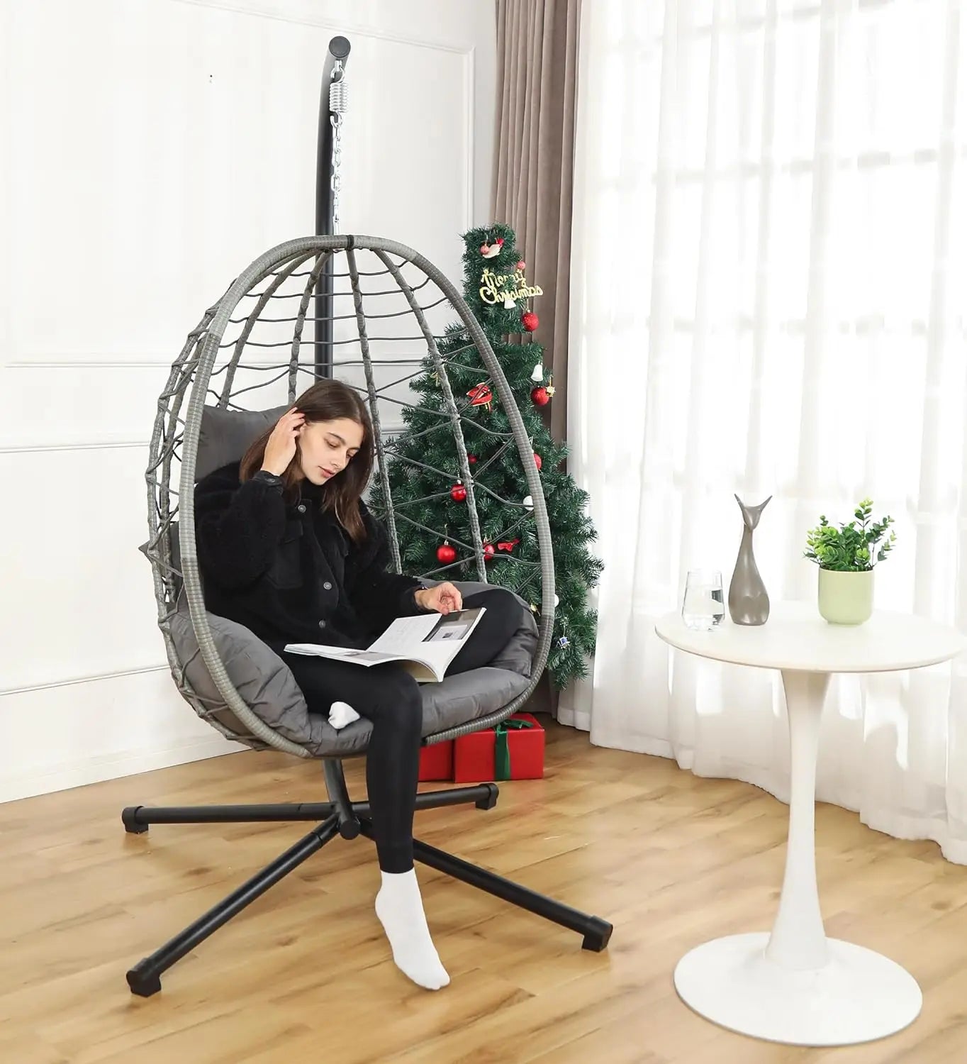 Hanging Egg Chair with Stand, Low Maintenance PE Rattan, Washable & UV Resistant Cushions, Suitable for Indoors or Outdoors