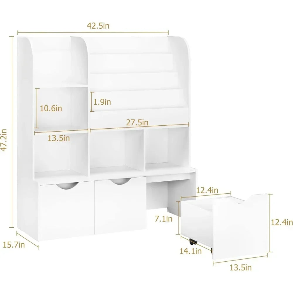 Kids Multifunctional Bookcase & Bookshelf with 5 Storage Cubbies 4 Bookshelves & 3 Rollout Drawers, Rounded Corner Book & Toy Organizer