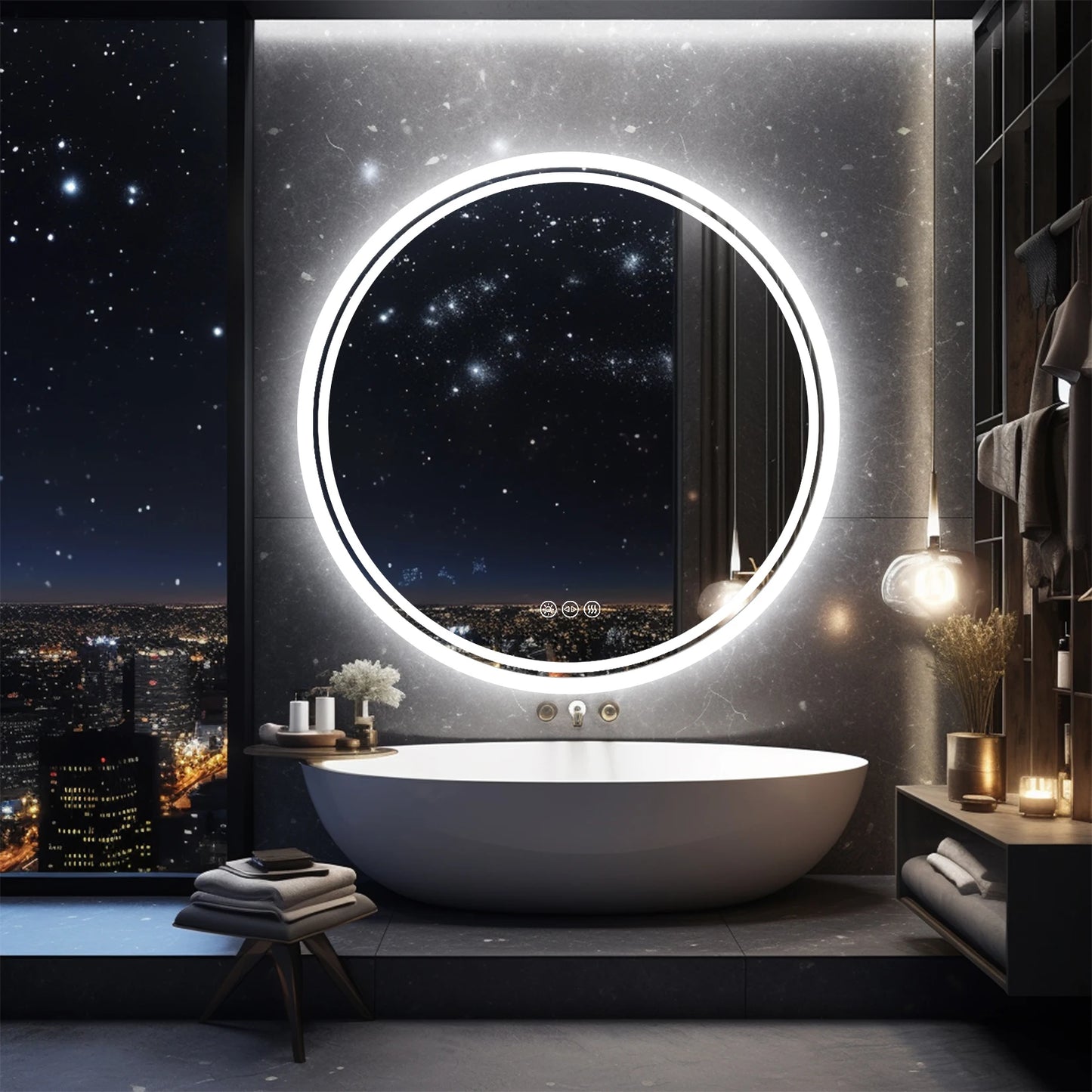 Round Backlit Illuminated Bathroom Mirror with 3 Color LED Lights, Anti-Fog, IP65, Dimmable & Wall Mounted