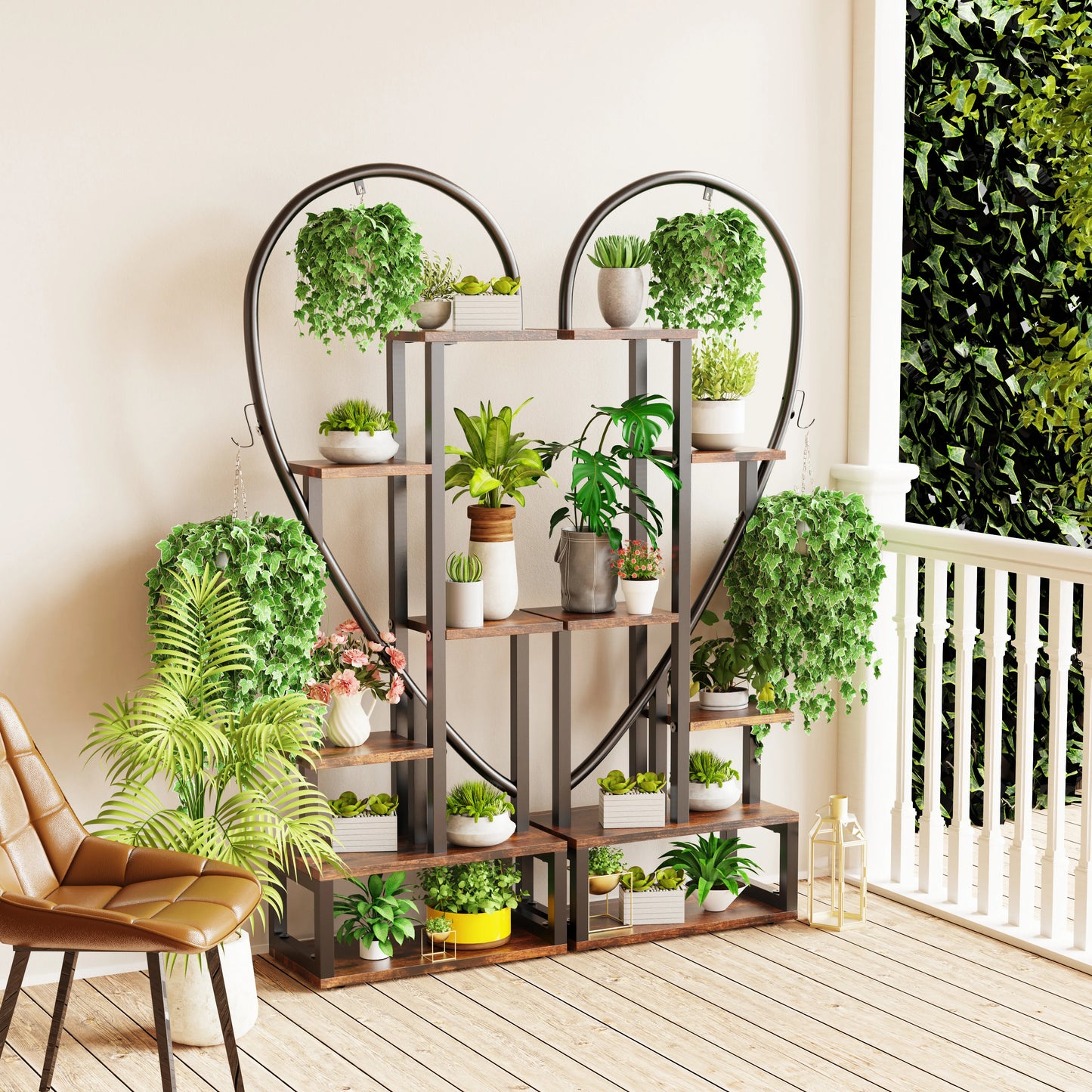 Half Heart Shape 6-Tier Stand for Indoor Plants, Black Painted Metal Frame with Wood Platforms, 2-Pack