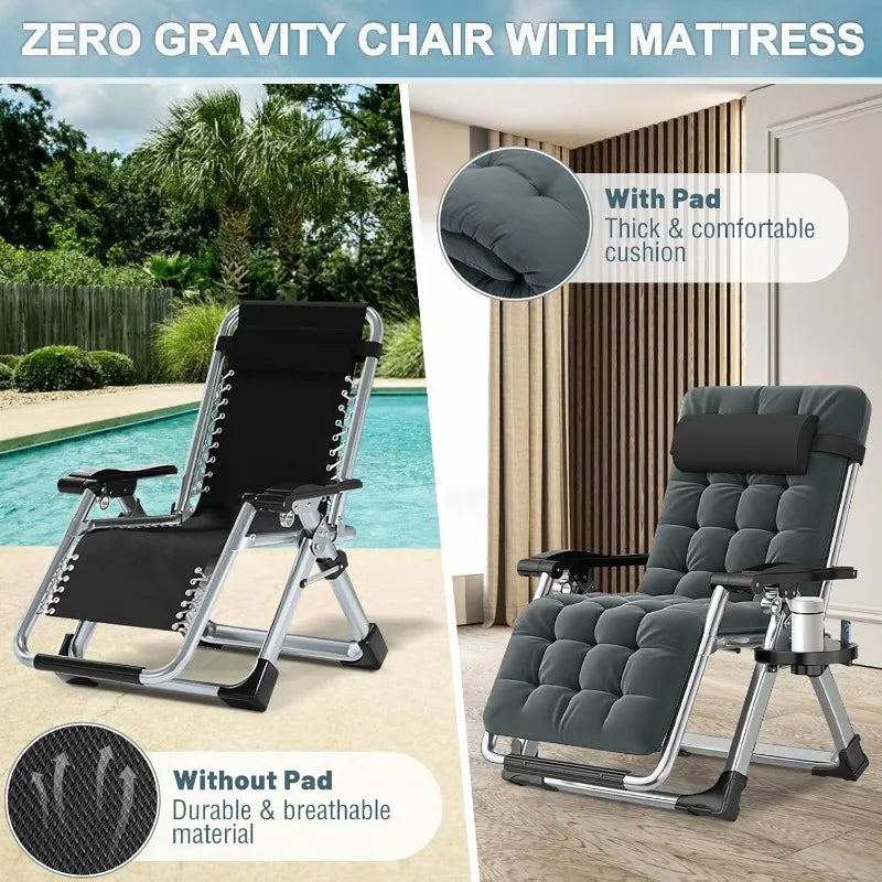 Zero Gravity Lounger Chair 2-Pack with Removable Cushion, Headrest & Cup Holder, Reclining / Foldable Chair for Indoors or Outdoors