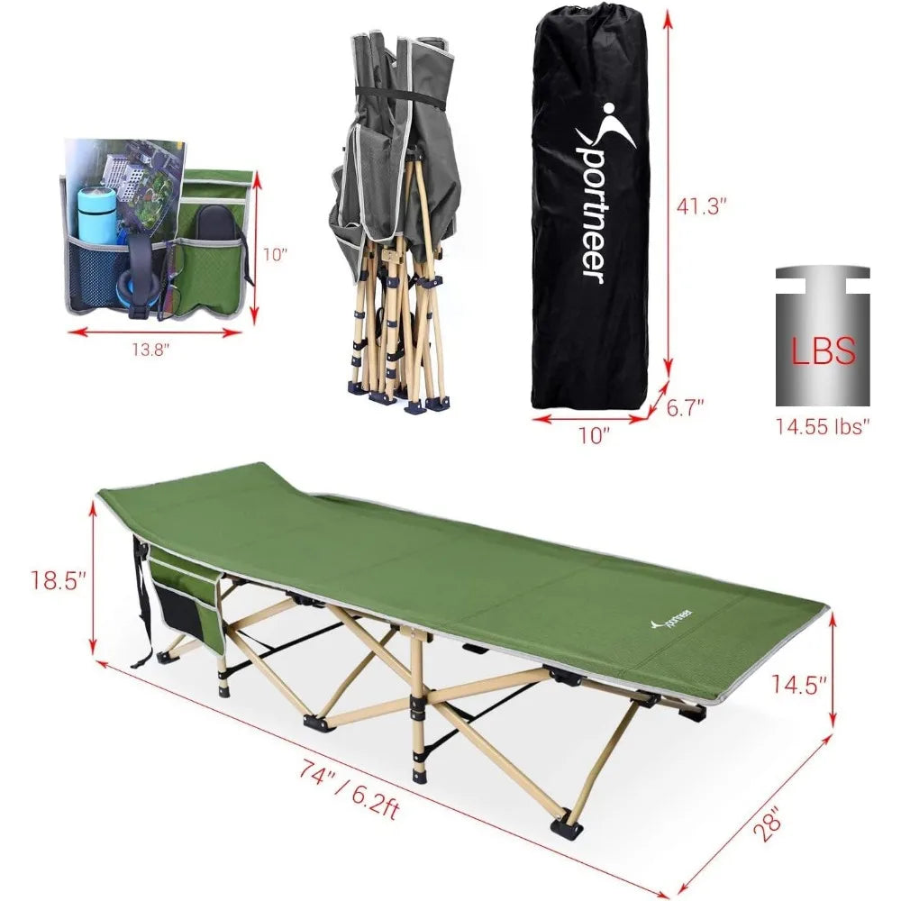 Extra Wide Portable Camping Cot with 2 Side Pockets, Folds Up & Slides into the Carry Bag in 10 Seconds