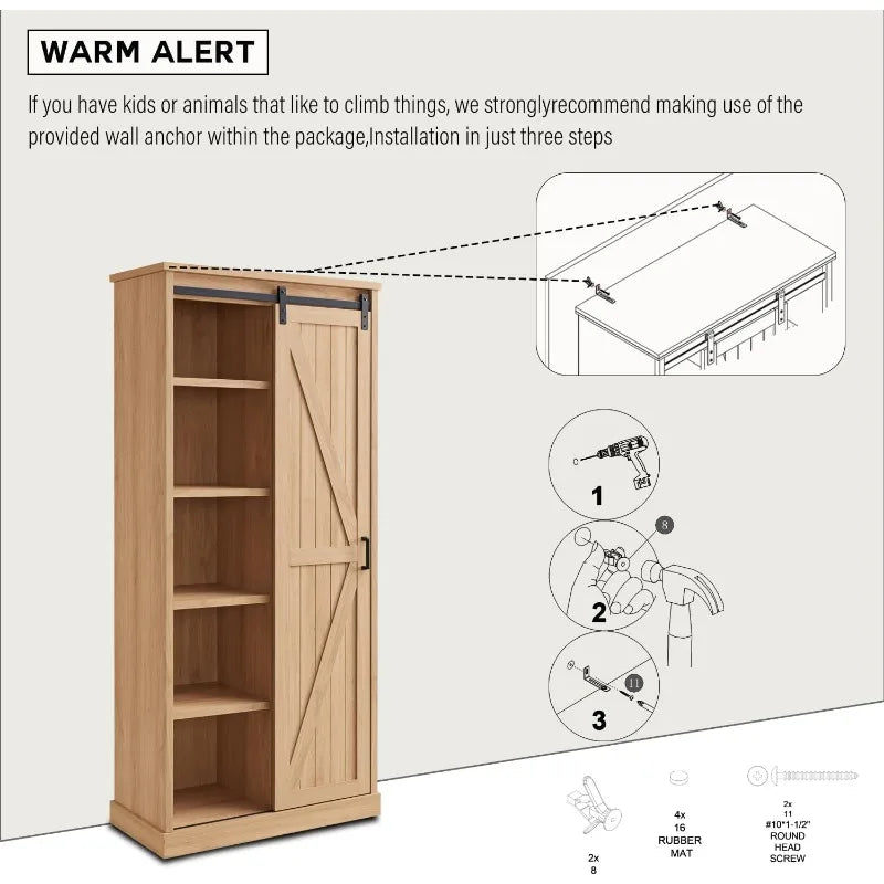 Kitchen Pantry Storage Cabinet 72", with Barn Style Sliding Doors, 4 Adjustable Shelves, Freestanding Cupboard, Tan