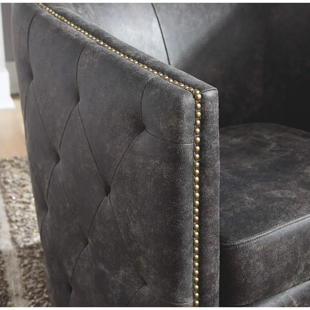 Distressed Black Tufted Barrel Back Swivel Chair with Brass-Tone Nail Head Accents