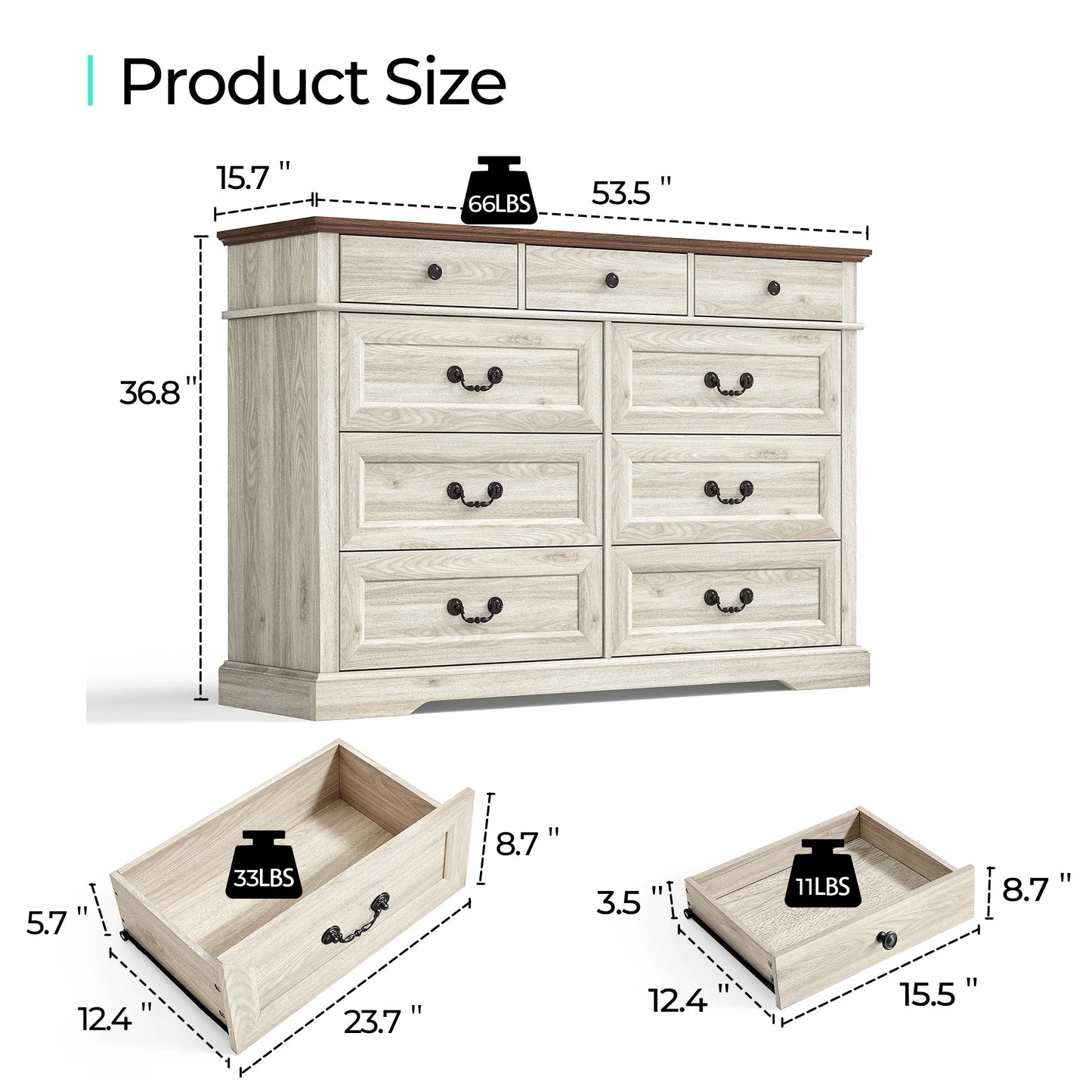 Modern Farmhouse Dresser with Antique Design Metal Handles, 9 Drawers, Crafted From High-Grade Eco-Friendly Wood