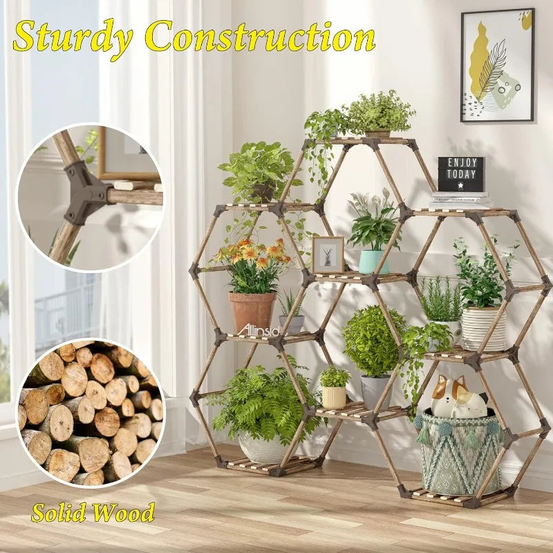 Indoor or Outdoor Hexagonal Plant Stand, 100% Natural Wood, 9,11 & 13 Tiers