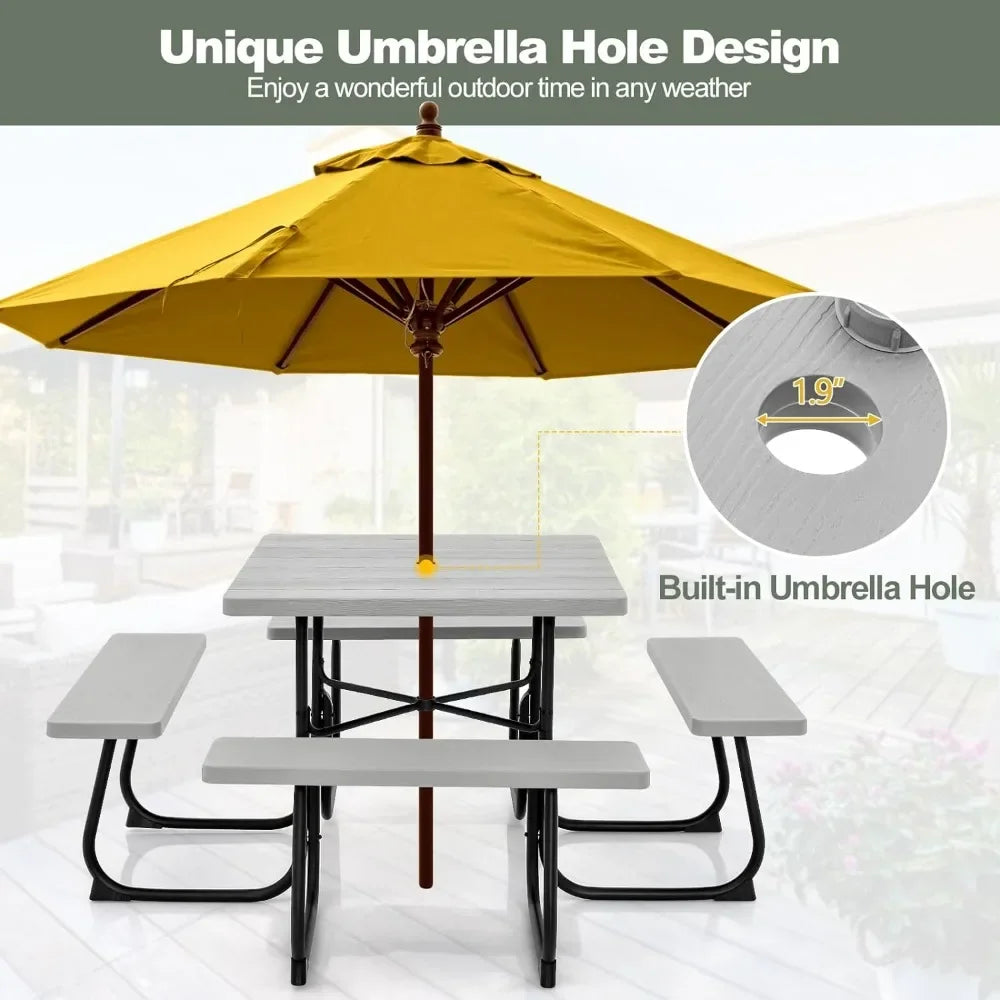 Outdoor Square Picnic Table with 4 Built-in Benches, Umbrella Hole, Metal Frame & HDPE Tabletop & Bench Seats