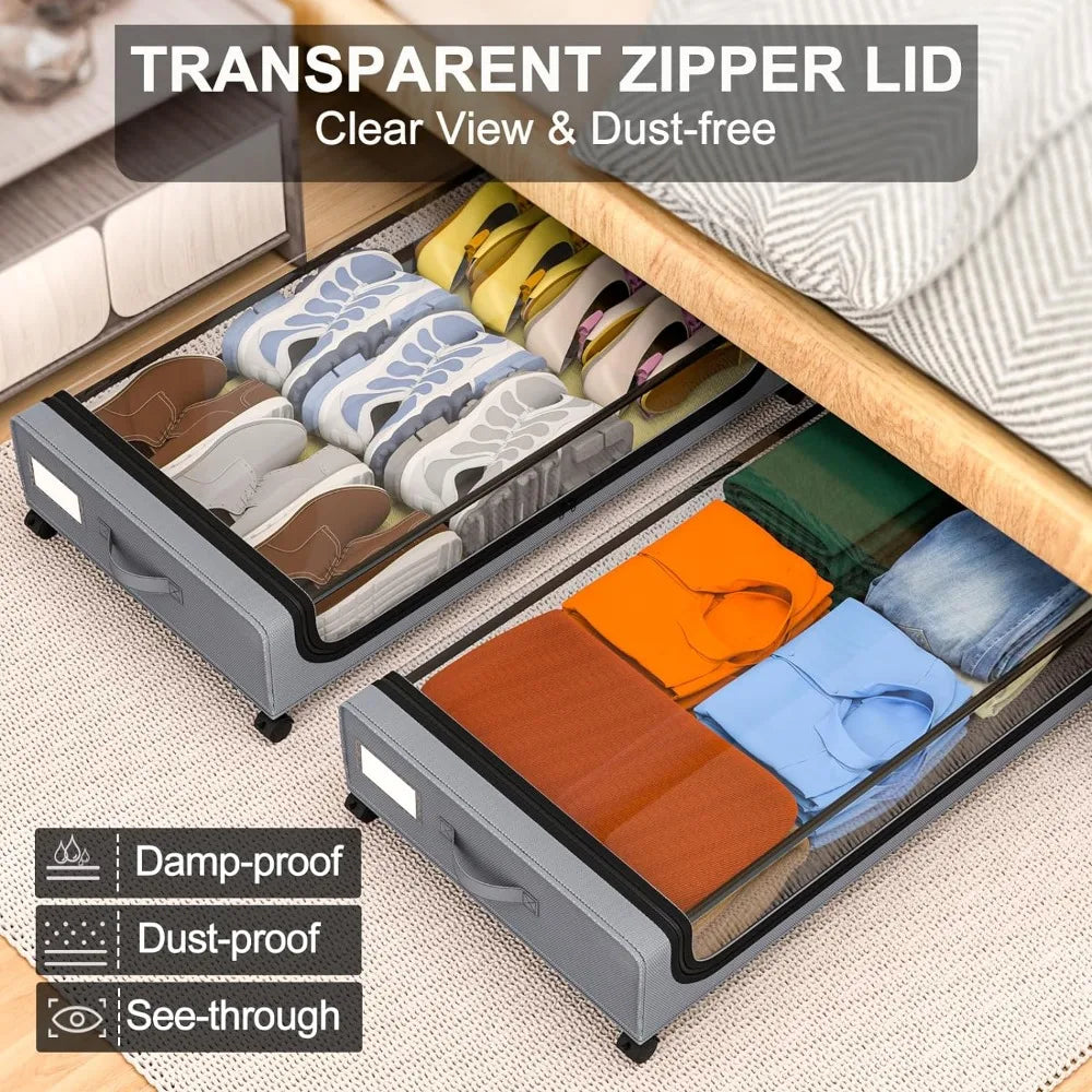 Under Bed Storage with Wheels & Zippered Clear Cover, 48L, Space Saver, Clothes, Books, Toys Organizer