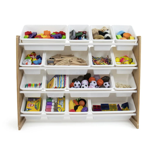 Kids Natural Wood Toy Storage Organizer with 4 Tiered Shelves & 16 White Plastic Storage Bins