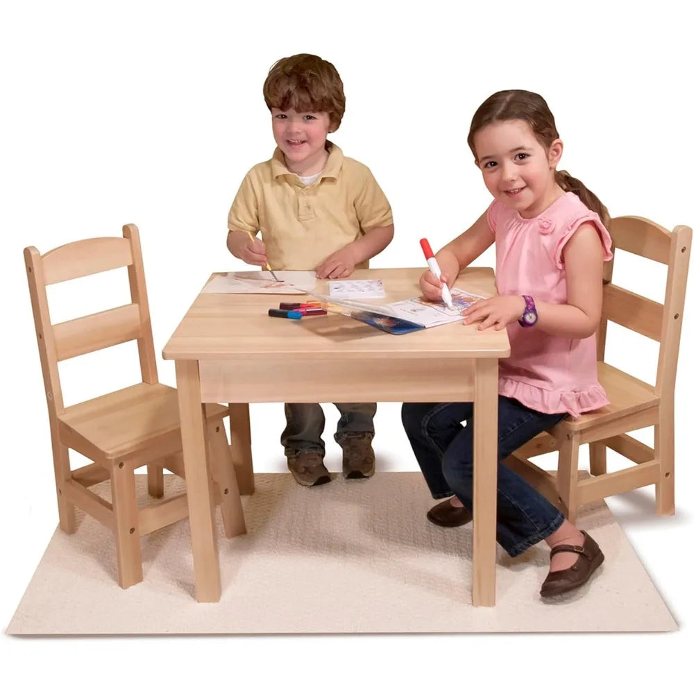 Solid Wood Table & 2 Chairs Set, High Quality Furniture for Kids 3-8 Years Old, Natural Wood Finish