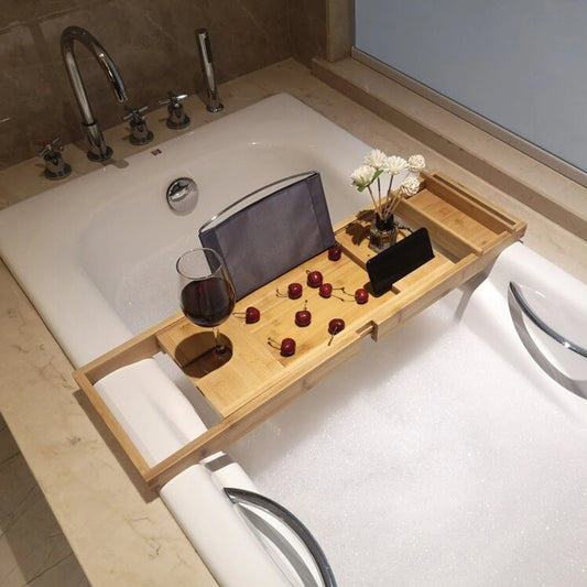 Bathtub Caddie Tray with Detachable Storage Box, Adjustable Length to Fit Tub, Bamboo Wood