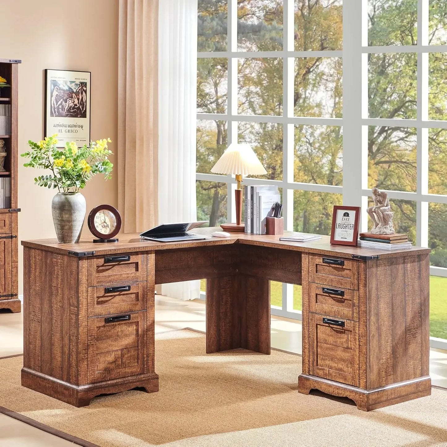 Wood Home Office Corner Desk 60" with 3 Standard Drawers, Letter Size File Drawer, Storage Cabinet, 2 USB Ports & 2 Outlets