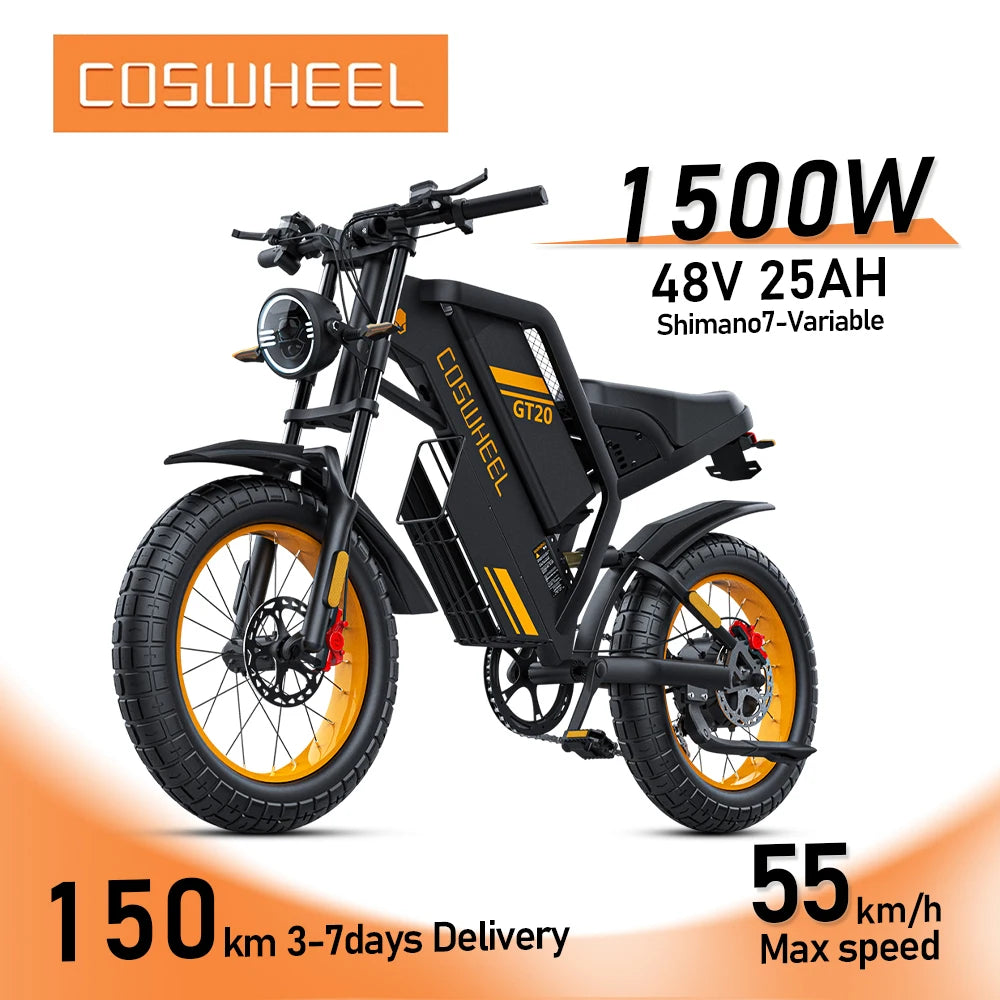 Electric Motorcycle, 20"x4" All-Terrain Fat Tires, Hydraulic Disc Brakes, 1500w  Brushless High-Speed Motor, Headlight