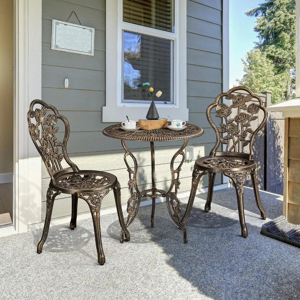 Rust-Resistant Cast Aluminum Table & Chairs, 3-Piece Outdoor Set, Vintage Rose Design, Chairs Feature Concave Seats & Foot Pads