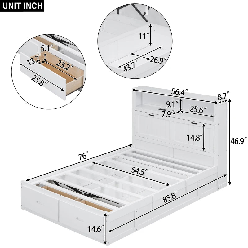 Full Size Lift-Arm Platform Bed with Storage, LED Headboard with Charging Station, 2 Shelves & Storage Cabinet