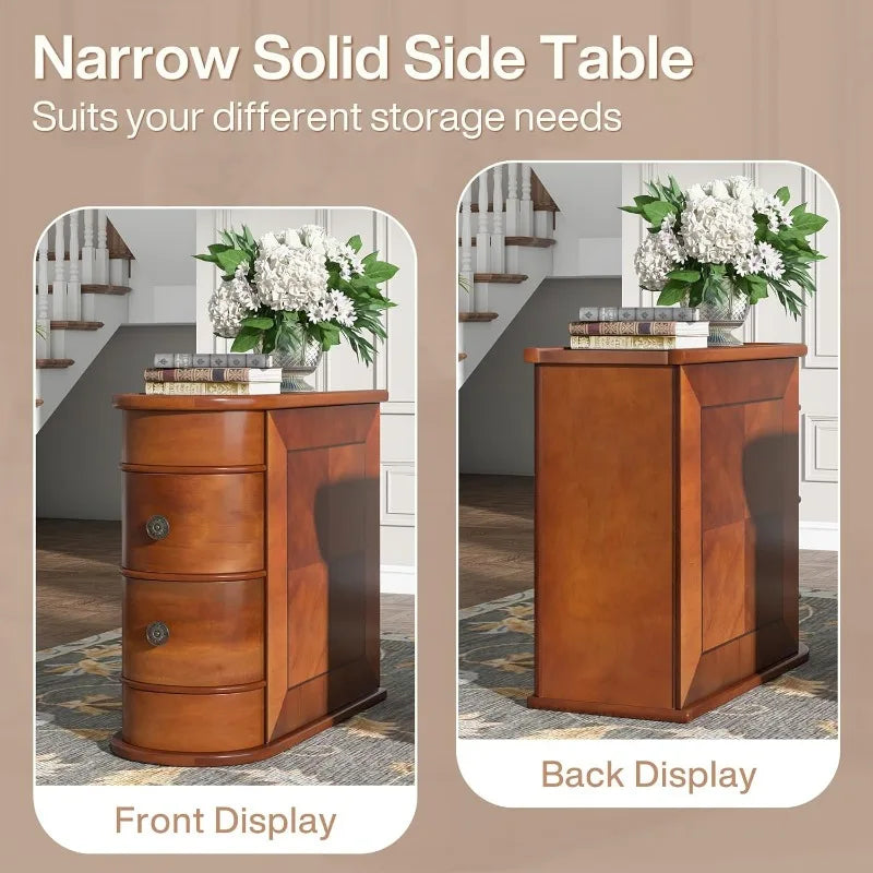 Narrow Solid End Table with 2-Drawers & Natural Wood Grain Patterns, Arc Design Rectangular Side Table