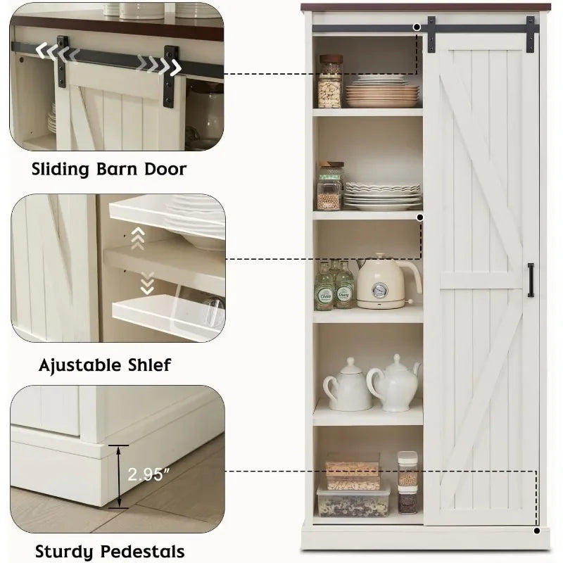 Kitchen Pantry Storage Cabinet 72", with Barn Style Sliding Doors, 4 Adjustable Shelves, Freestanding Cupboard, Antique White