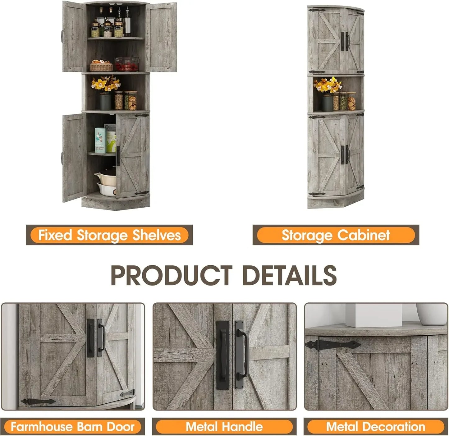 Space Saver Corner Cabinet with Right-Angle Design, 2 Enclosed Cupboards with 4 Barn Style Doors & Open Storage Shelf