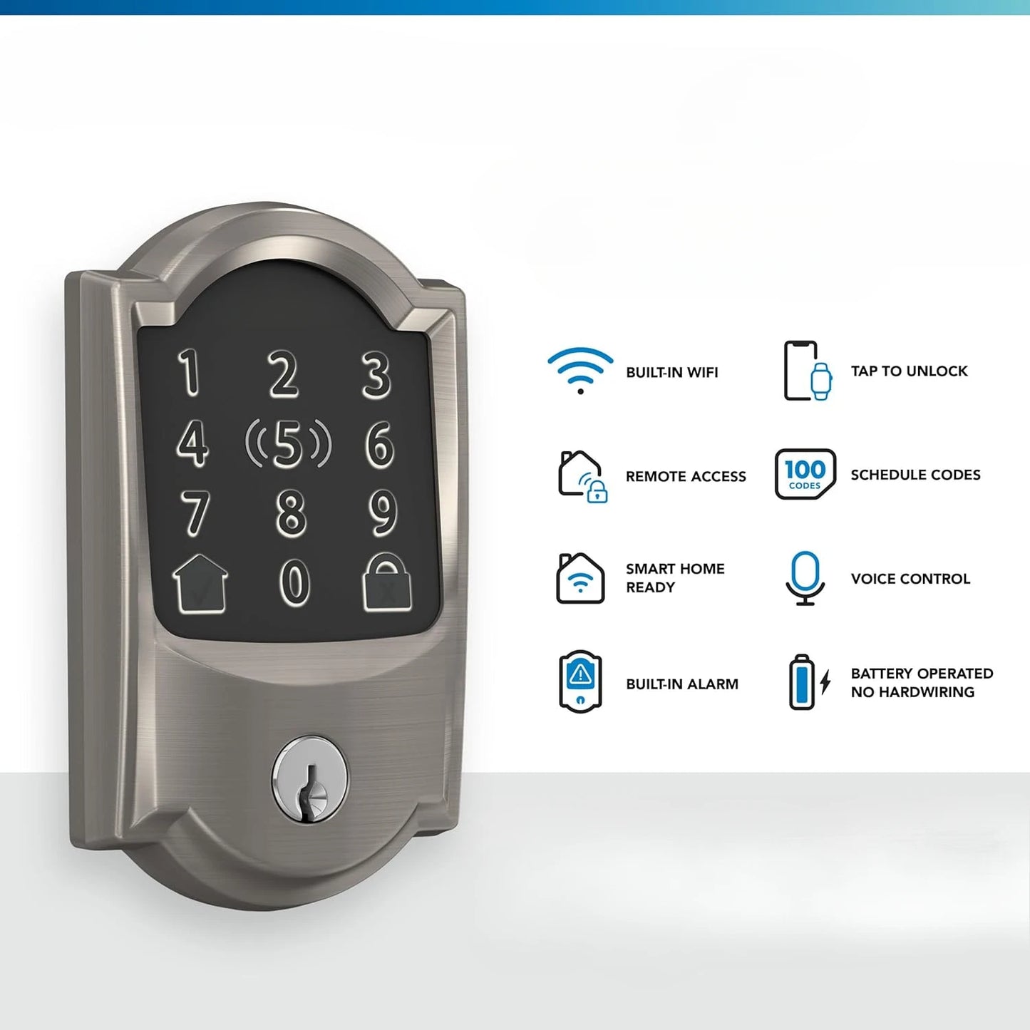 Keyless Entry Touchscreen Wi-Fi Deadbolt Door Lock with Built-In Alarm. Tap to Unlock & Voice Control, Battery Operated - No Hardwiring