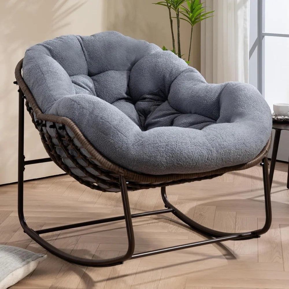 Oversized Rocking Chair with Egg Shaped Structure, Teddy Padded Cushion & Hand-Woven Rattan Wrapped Around a Powder-Coated Steel Frame