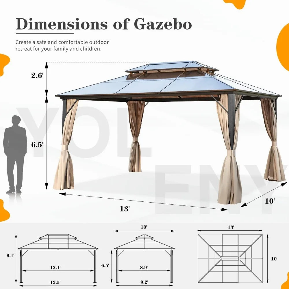 Hardtop Gazebo 10'x13' with Aluminum Frame, Mesh Curtains & Privacy Curtains, Double-Layer Polycarbonate Canopy Roof