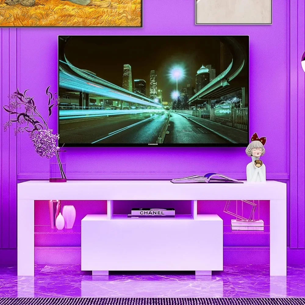 Modern Entertainment Center TV Stand with Storage Drawer, Tempered Glass Shelves, 16 LED Light Colors & 4 Light Changing Modes