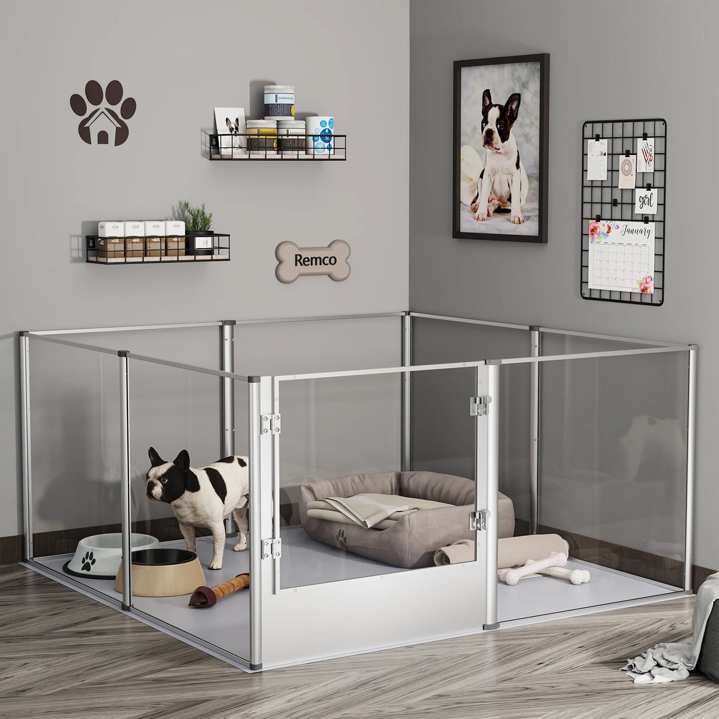 Dog Playpen Fence with Waterproof Fertility Pad for Cats or Dogs, Aviation Aluminum Frame with Clear Acrylic Walls & Latch Lock Door