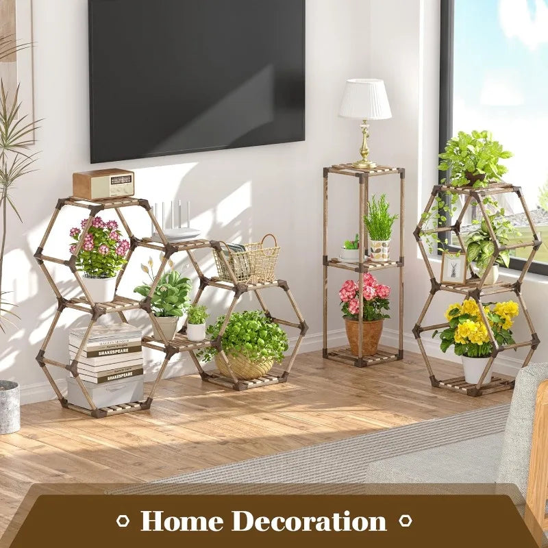 Indoor or Outdoor Hexagonal Plant Stand, 100% Natural Wood, 9,11 & 13 Tiers