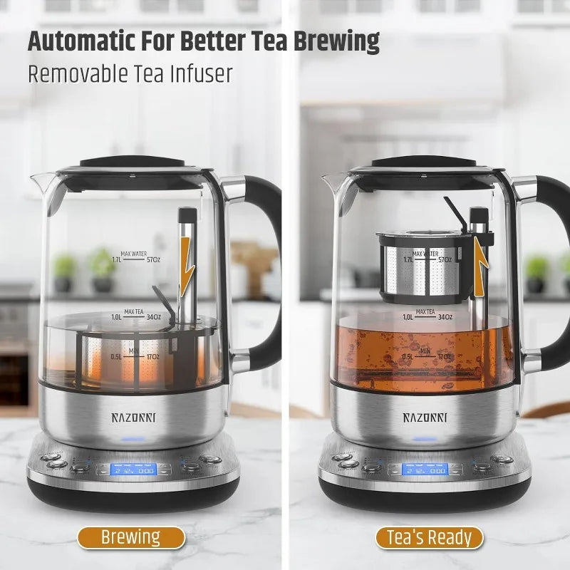 Electric Tea Maker 1.7L with Automatic Infuser Basket, Glass & Stainless Steel Kettle, 5 Temp Presets, 3 Brew Strengths