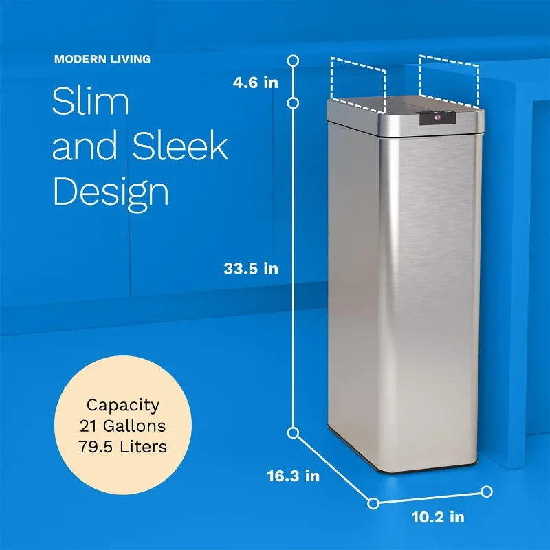 Stainless Steel Garbage Can with No Touch Motion Sensor & Butterfly Lid, Slim & Sleek Design, 21 or 13 Gallon Option