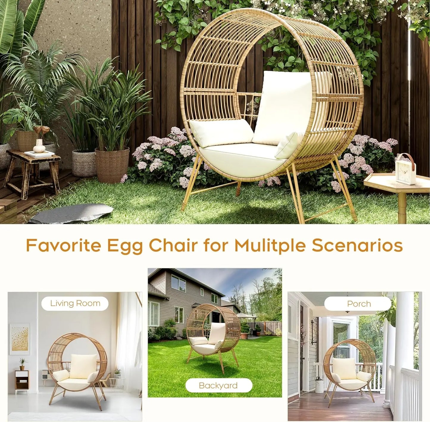 Oversized Wicker Round Egg Chair with Stand, Steel Frame, 6.69'' Fast Rebound Foam Cushions, For Indoors or Outdoors