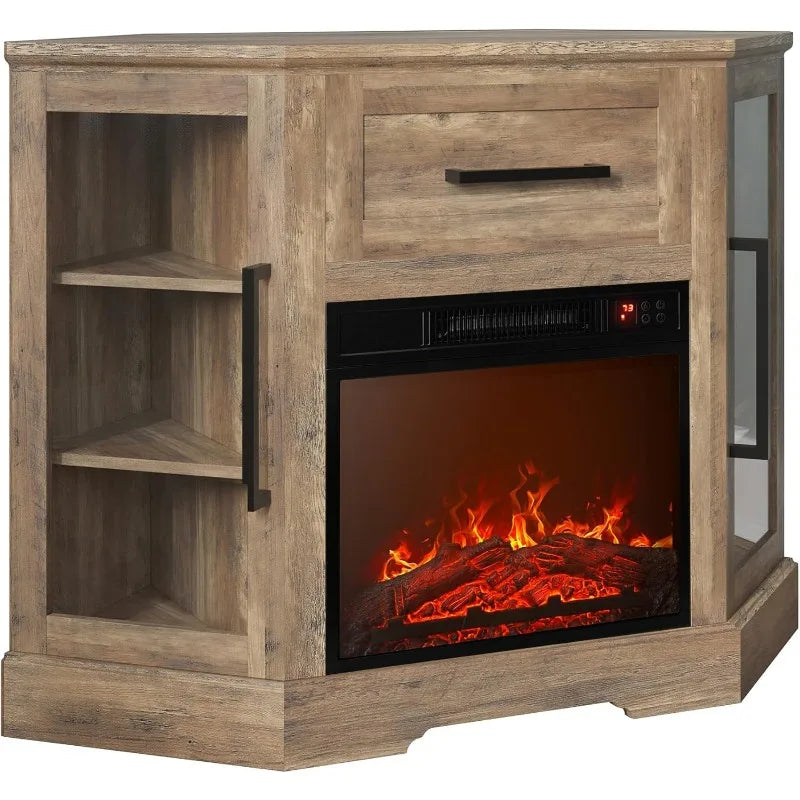 Corner Wood Entertainment Center with 18" LED Display Electric Fireplace Heater, 2 Glass Door Cabinets & 1 Pull-Out Drawer, For TVs up to 43"