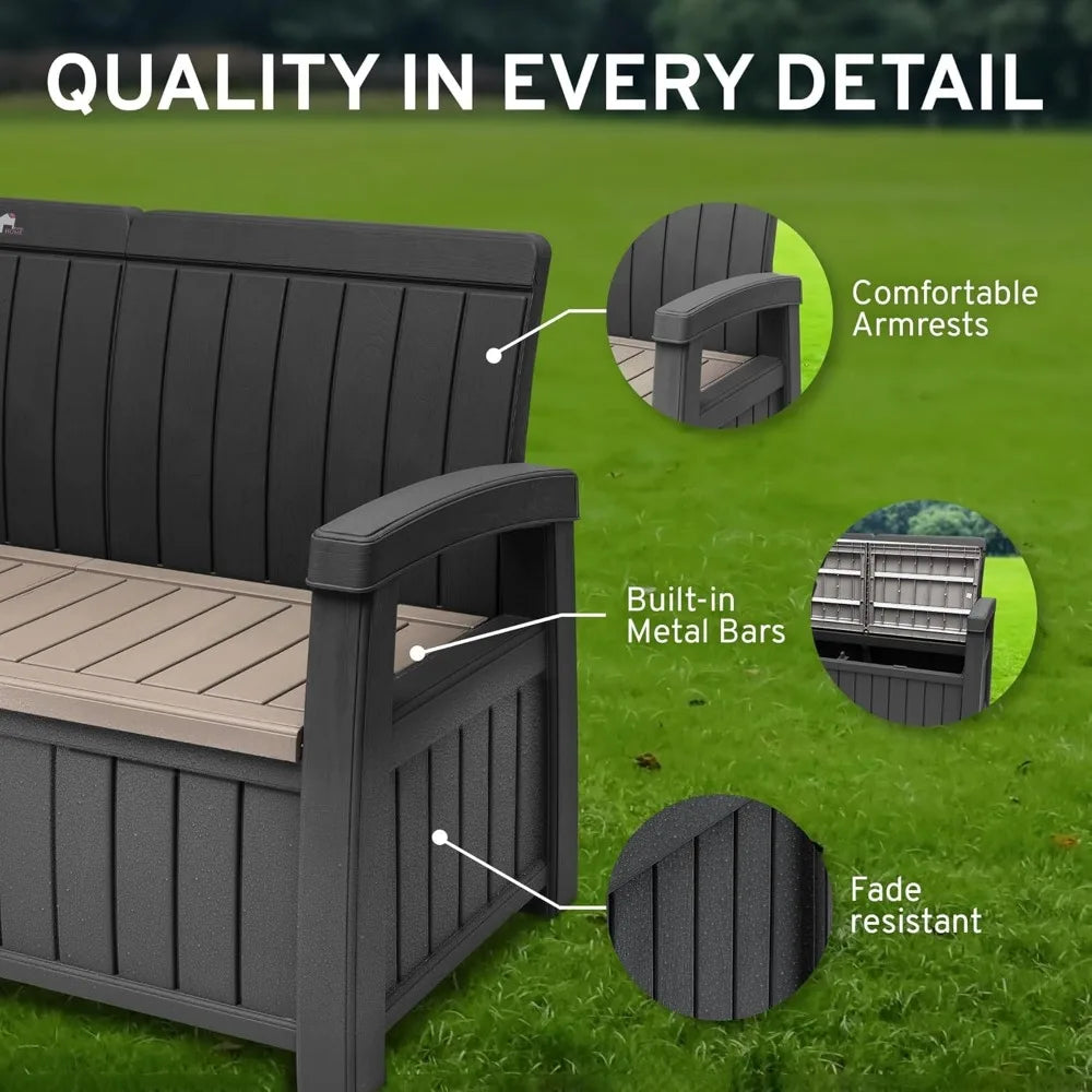 Weatherproof Resin Bench, 3 Seater, 90 Gallon Storage Capacity with Comfortable Armrests & Built-In Metal Seat Bars