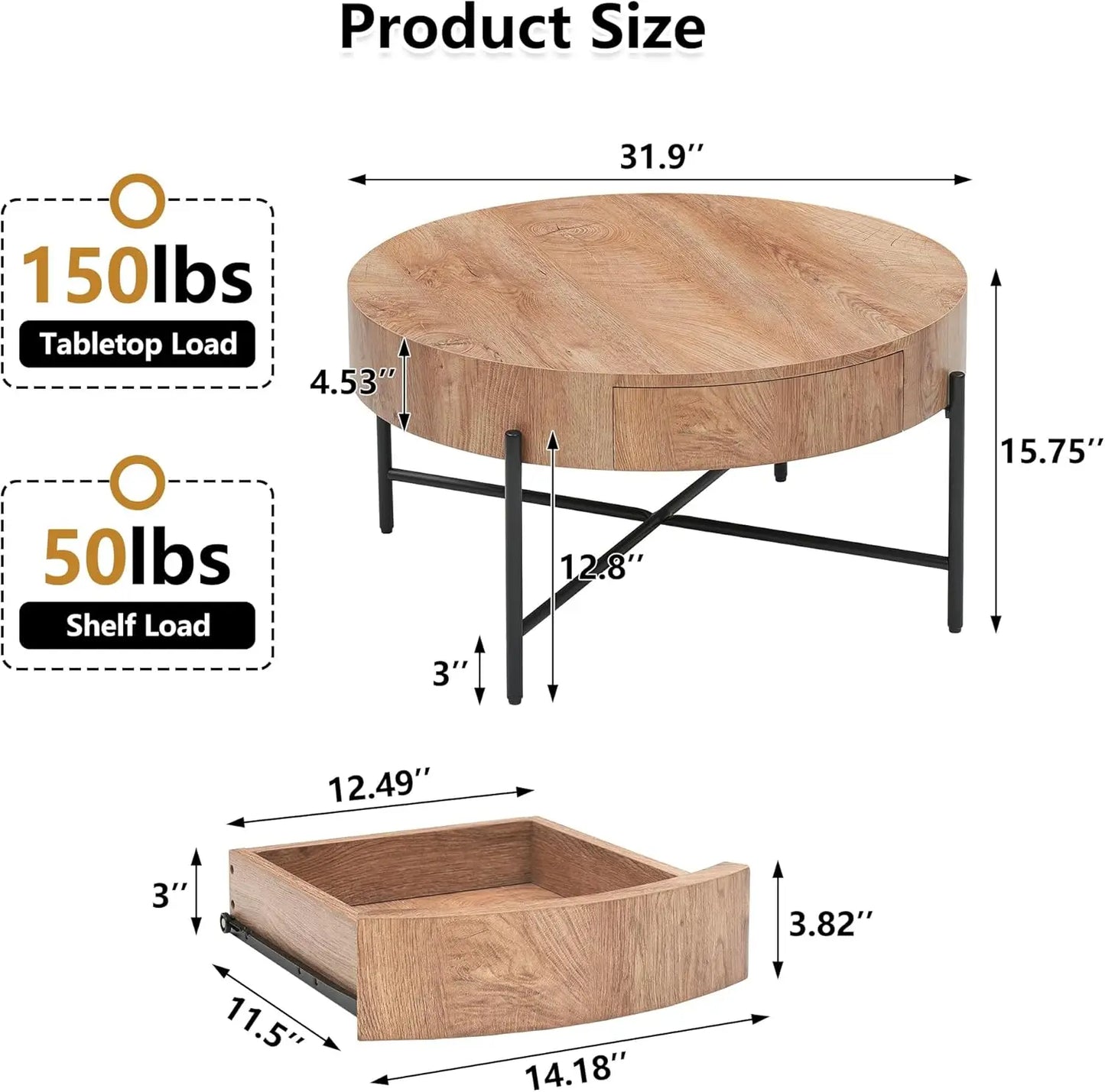 Natural Wood Grain Texture Round Coffee Table with Two Pull-Out Drawers & Metal Legs