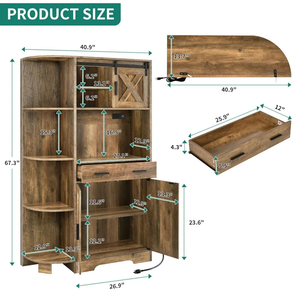 Kitchen Storage Microwave Cabinet with Display Shelves, Drawer, Sliding Barn Door ＆ Power Outlet