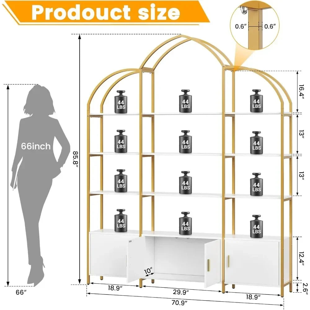 Arched Triple Wide 4-Tier Large Open Bookshelf with 3 Door Enclosed Cabinets, Crafted from Heavy Duty Black or Gold Finished Steel