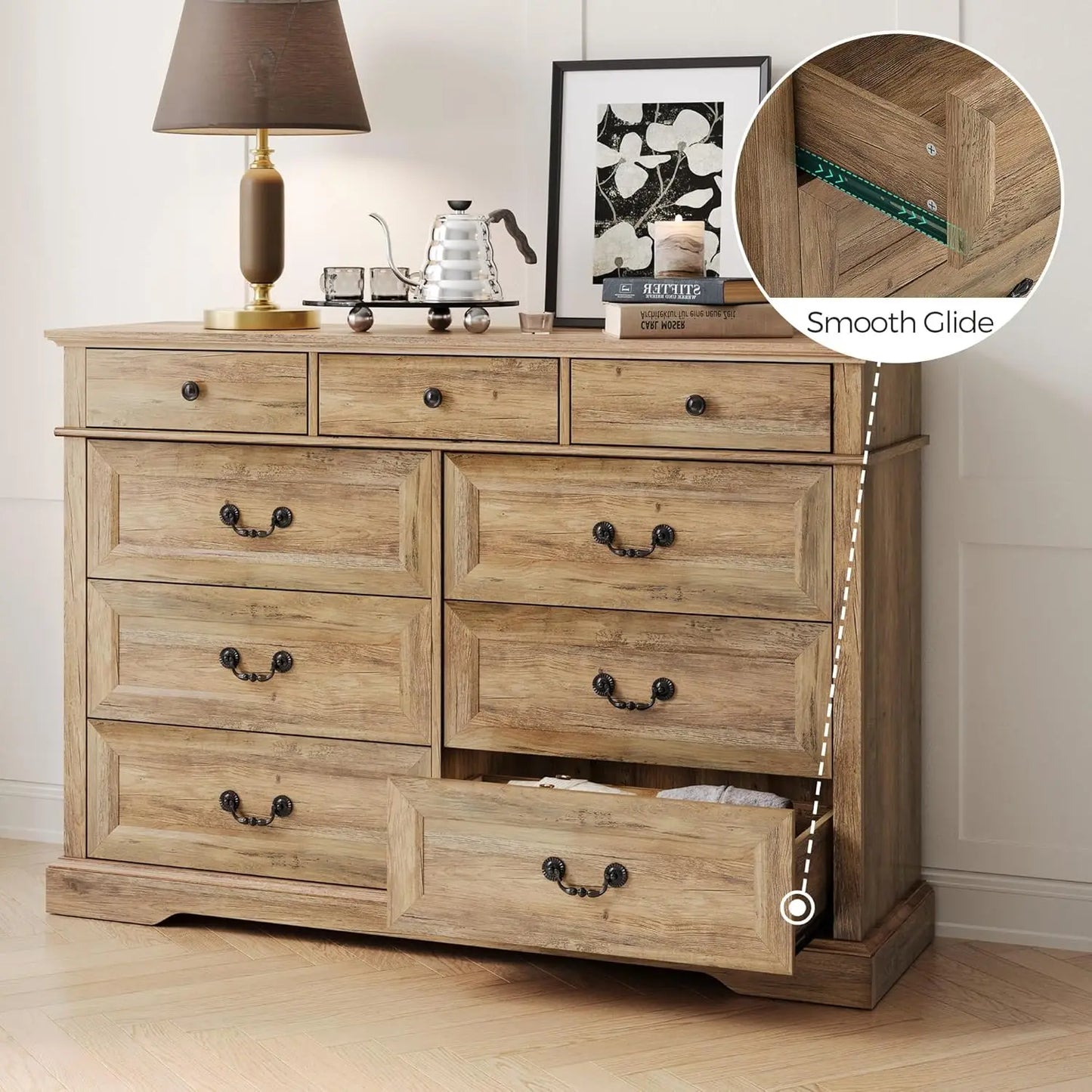 Farmhouse 9 Drawer Dresser for Bedroom with Natural Wood Grain, Antique Metal Finish Pull Handles & Waterproof Top