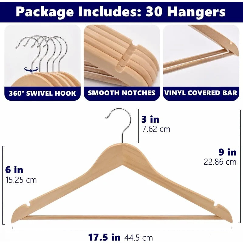 Natural Wood Clothes Hangers  with Non Slip Pant Bar, 30pcs, 4 Styles