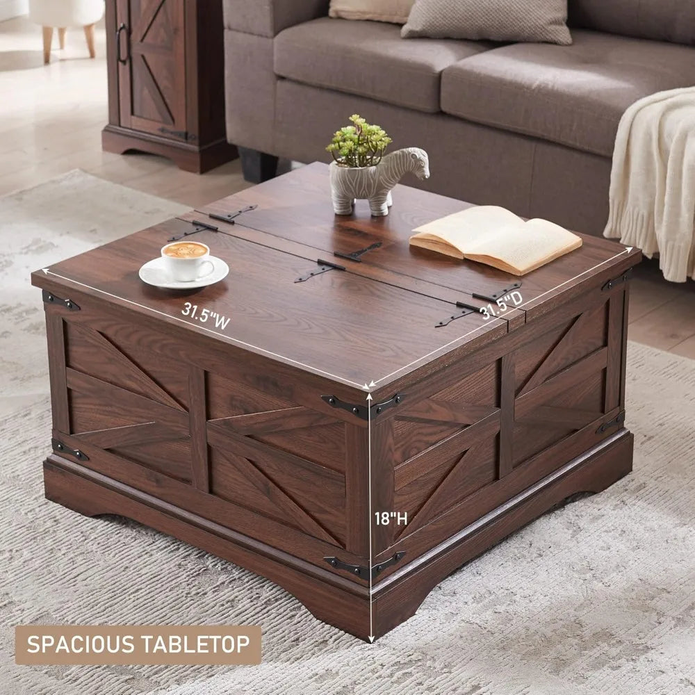 Square Wooden Table with Hidden Storage Compartment Under the Dual Liftable Tabletop Sections, Classic Barn Door Pattern Design